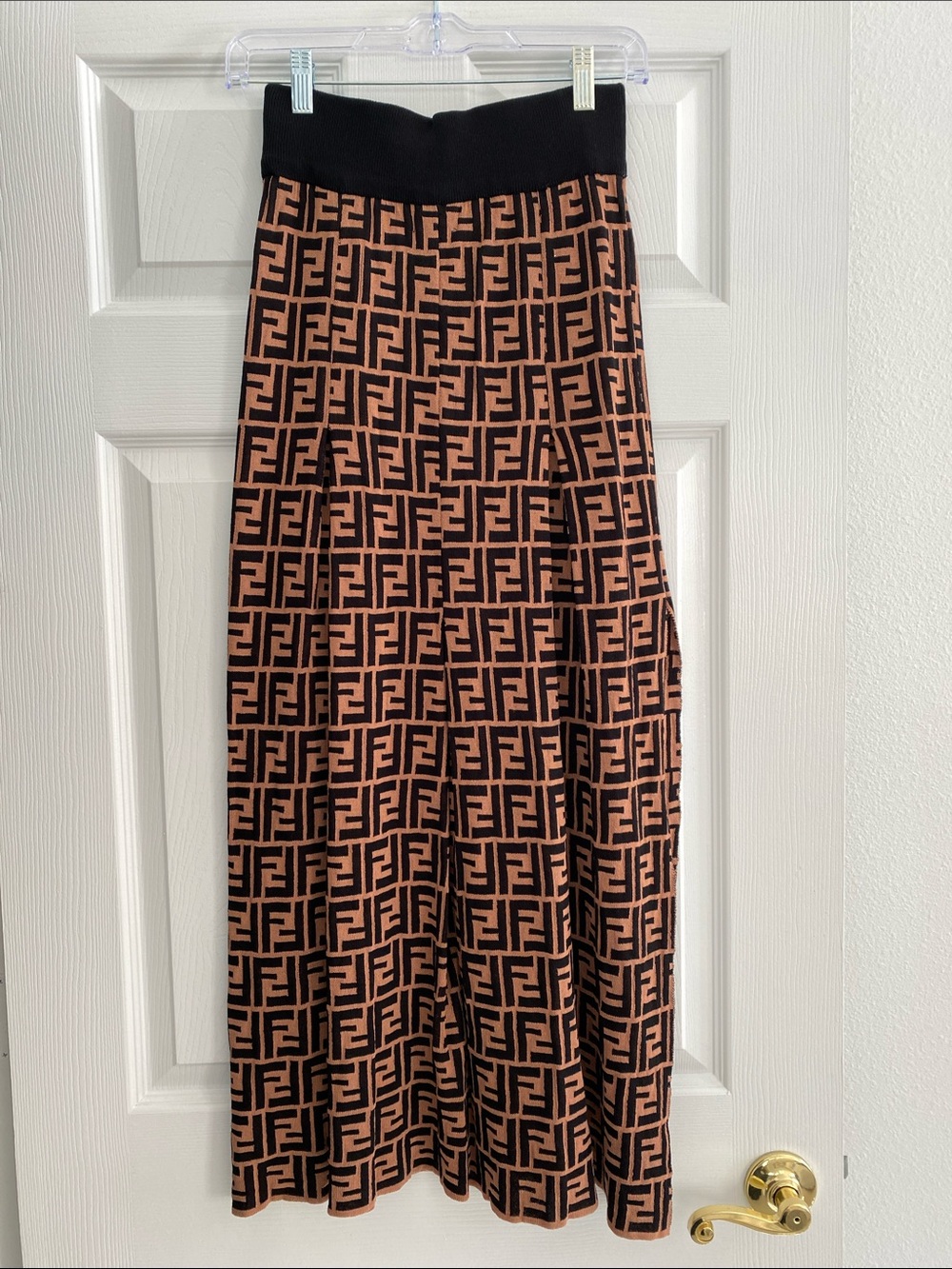 Fendi Black and Brown Zucca Logo Knit Maxi Skirt Size Medium